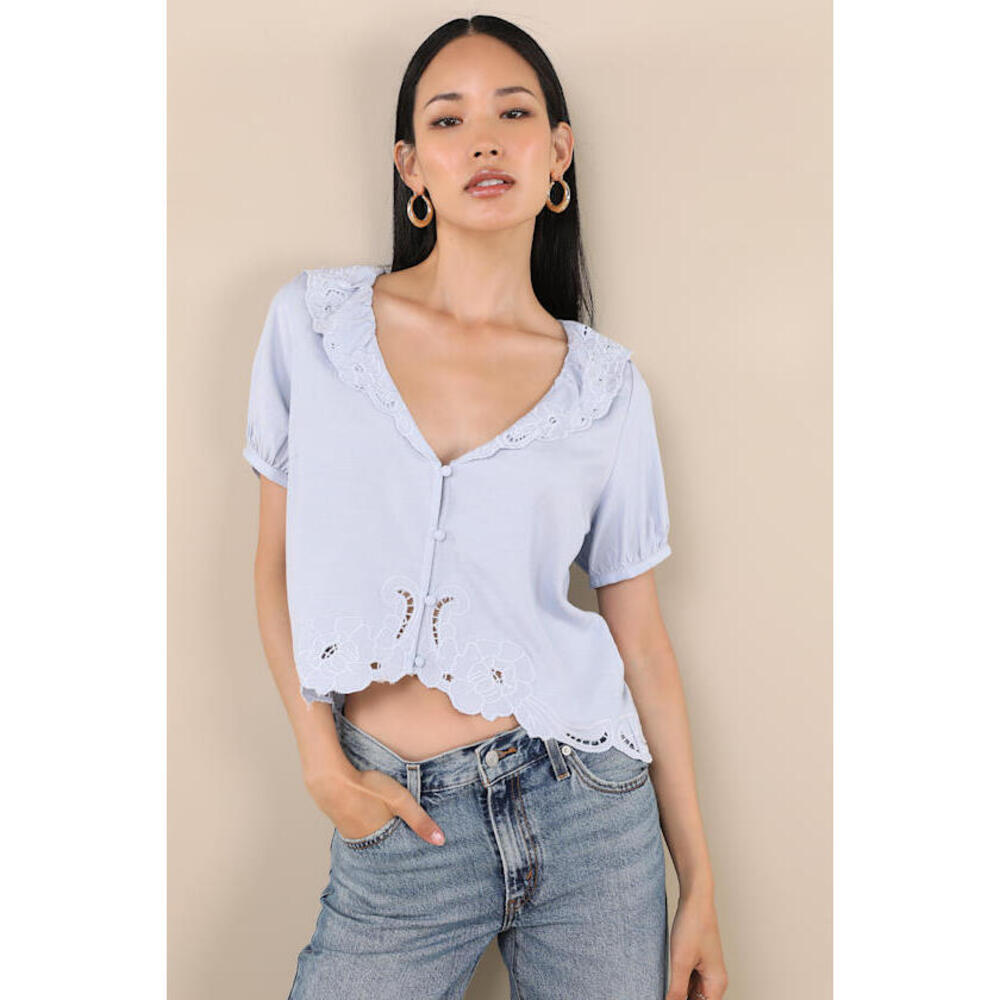 Lulus Briallen Light Blue Embroidered Short Sleeve Top - Size L